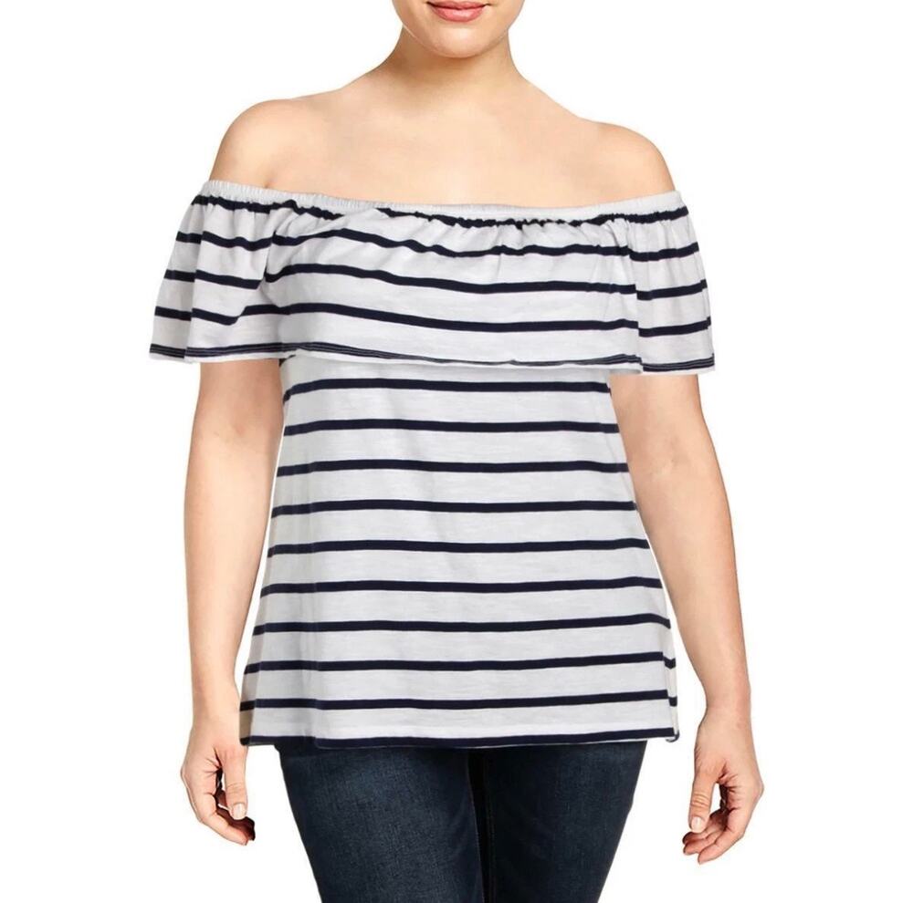 NEW Beach Lunch Lounge Knit Blouse Top Striped Cotton Off Shoulder White Blue M